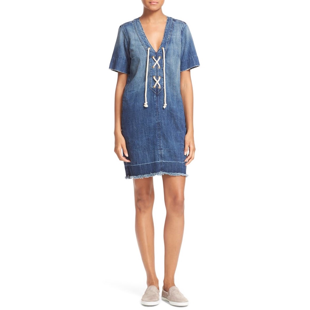 Current/Elliot Denim Jean Lace Up V-Neck Shift Dress Size Small